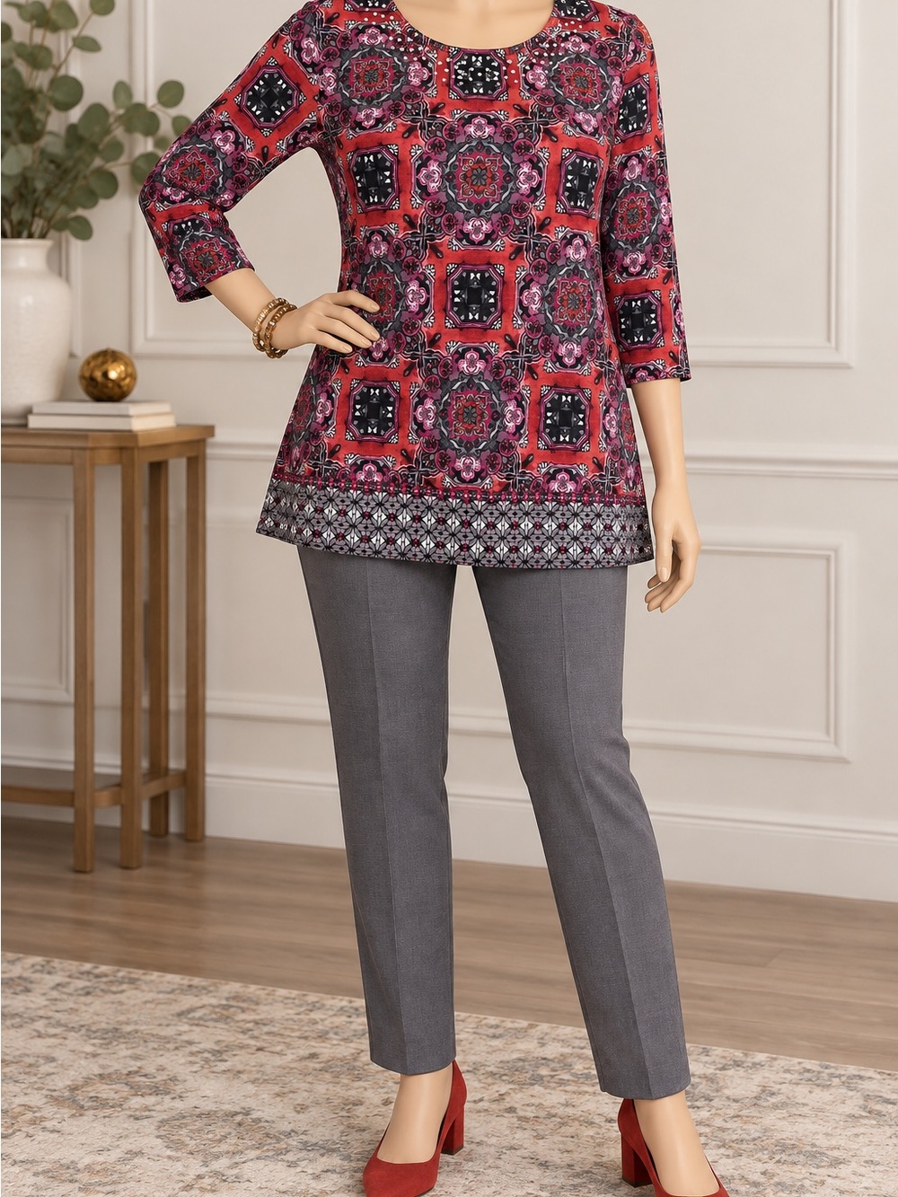Ruby Red Women’s Boho Paisley Print Tunic Top Red Black 3/4 Sleeve Embellished M